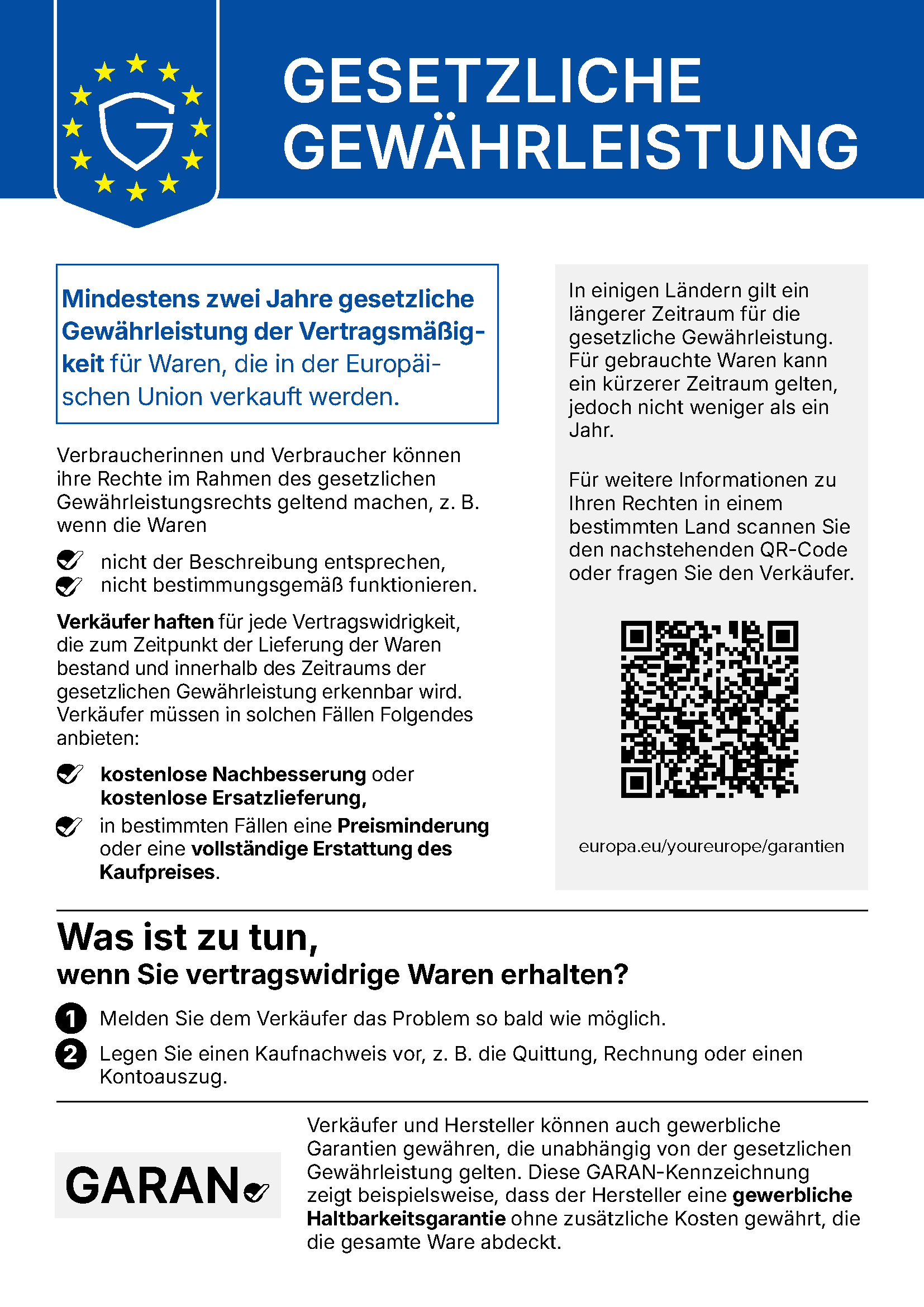 Gesetzliche Gewährleistung: Mindestens zwei Jahre gesetzliche Gewährleistung der Vertragsmäßigkeit für Waren, die in der Europäischen Union verkauft werden. Verkäufer haften für jede Vertragswidrigkeit, die zum Zeitpunkt der Lieferung bestand und innerhalb der Gewährleistungsfrist erkennbar wird, und müssen kostenlose Nachbesserung oder Ersatzlieferung, in bestimmten Fällen eine Preisminderung oder vollständige Erstattung anbieten. Melden Sie dem Verkäufer das Problem so bald wie möglich und legen Sie einen Kaufnachweis vor.